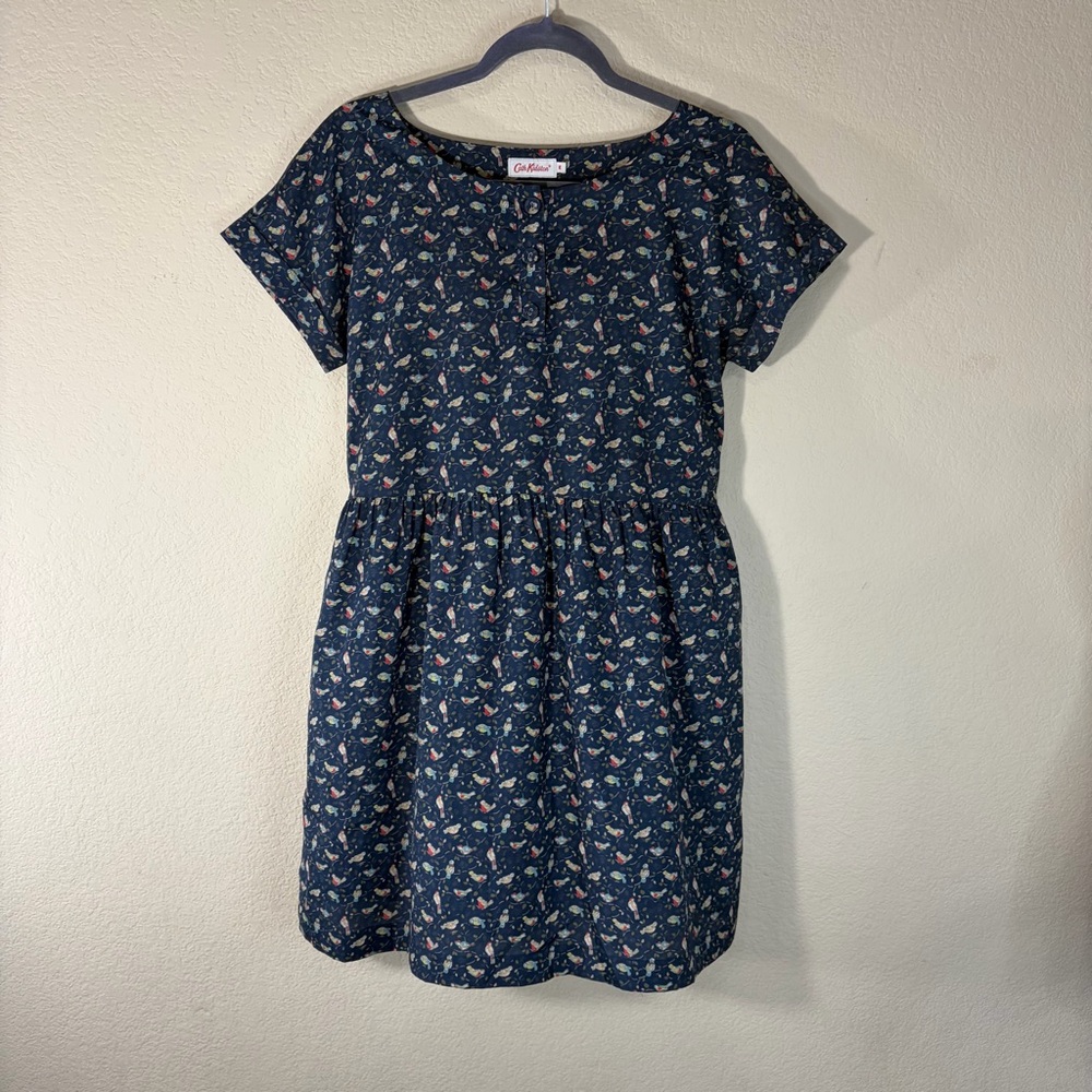 Cath Kidston Navy Blue All Over Multicolor Bird Print Shortsleeve Dress Sz M